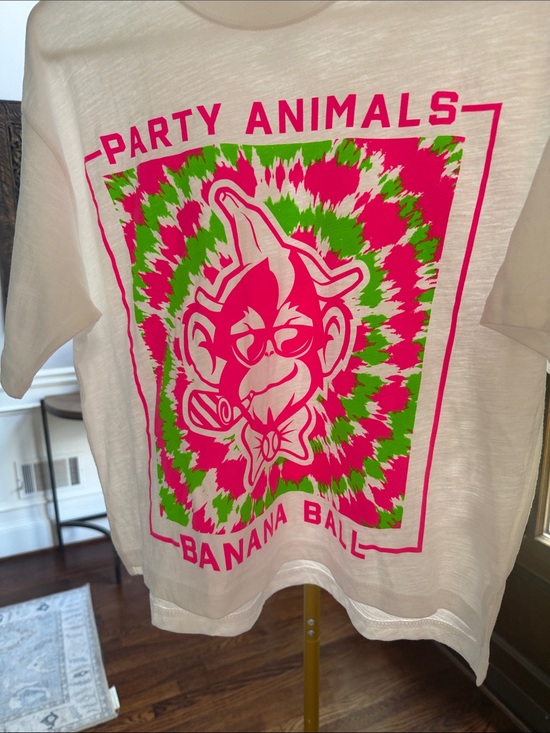 banana ball Tops - Pressbox White 'Party Animals Banana Ball' Tee with Pink & Green Graphic